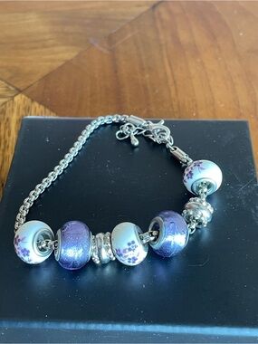 Silver Charm Bracelet with Purple and White Floral Glass Beads